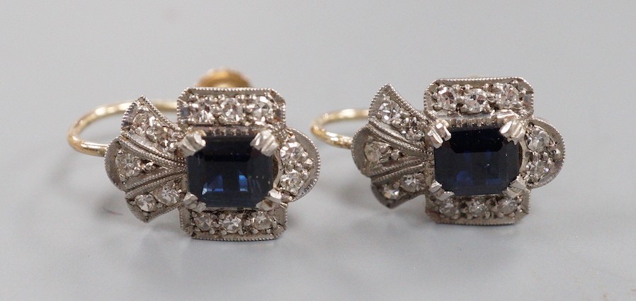 A pair of 9ct, sapphire and diamond set shaped cluster ear clips, 12mm, gross weight 2.9 grams.